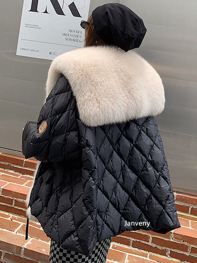 Janveny Big Luxury Real Fox Fur Collar 2022 Women Winter Down Jacket 90% Duck Down Coat Puffer Feather Female Parka Snow Outwear