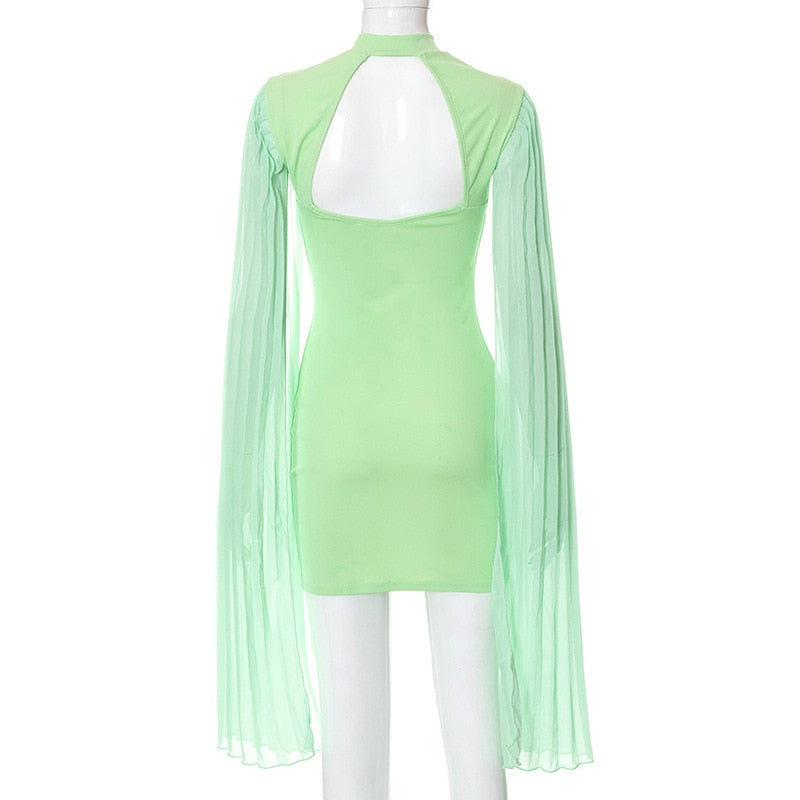 Long Slevve Slit Backless Bodycon Mesh Patchwork Mini Dress