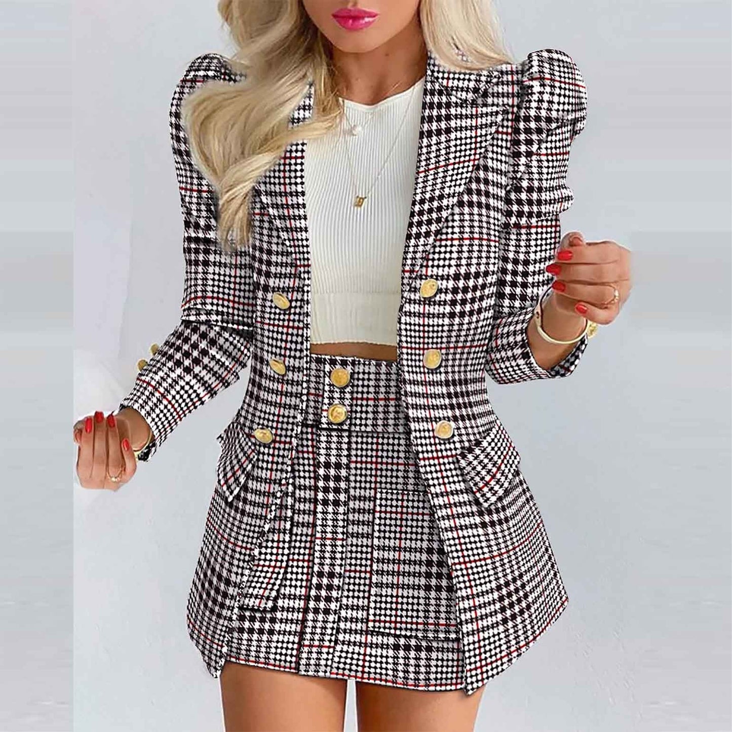 Elegant Knit Plaid Blazer Cardigan + Two Piece Set Vintage Metal Button Lady Suits