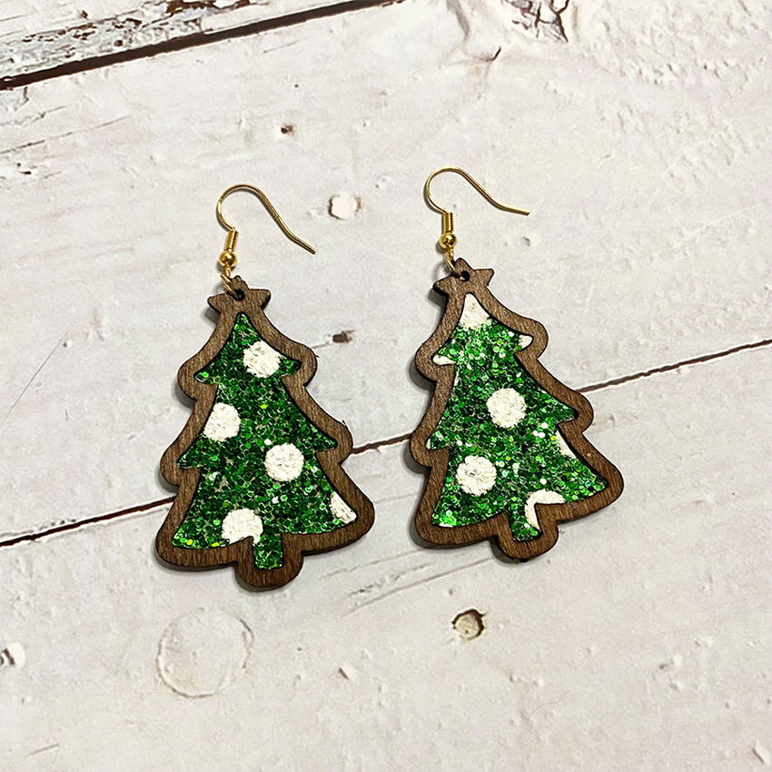 Xmas Tree Wood Bezel Cheetah Print Genuine Leather Christmas Earrings for Women Red Green Glitter Leather Christmas Tree Earring