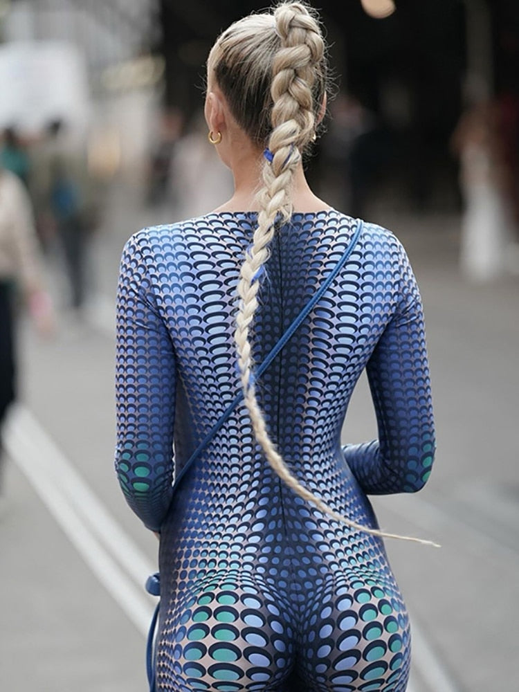 Simenual Workout Printing Bodycon Long Sleeve Rompers Womens Jumpsuit Streetwear Blue Autumn Fashion One Piece Outfit Sportswear