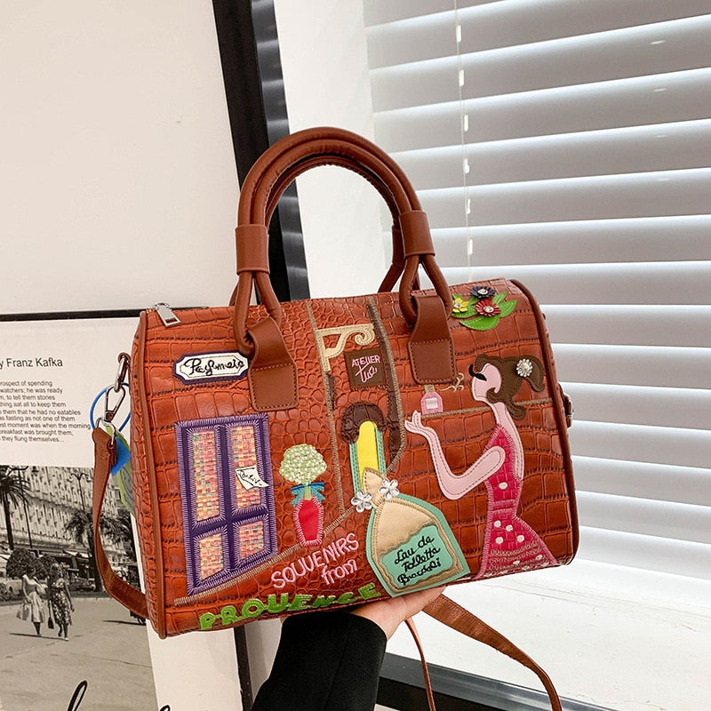 Crocodile Pattern Leather Crossbody Bags Luxury Designer Handbags Fashion Cartoon Embroidered Casual Totes