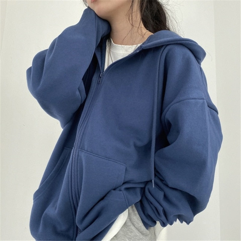 Oversize Women Hoodies Casual Solid Zip Up Hooded Sweatshirt