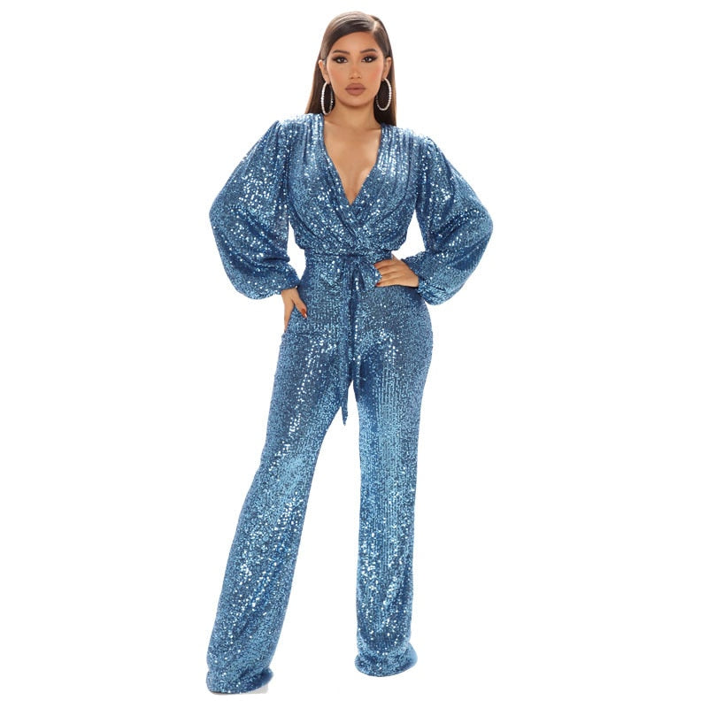Sexy V Neck Puff Sleeve Sequined Bind Wide-legged Jumpsuit Romper Overalls