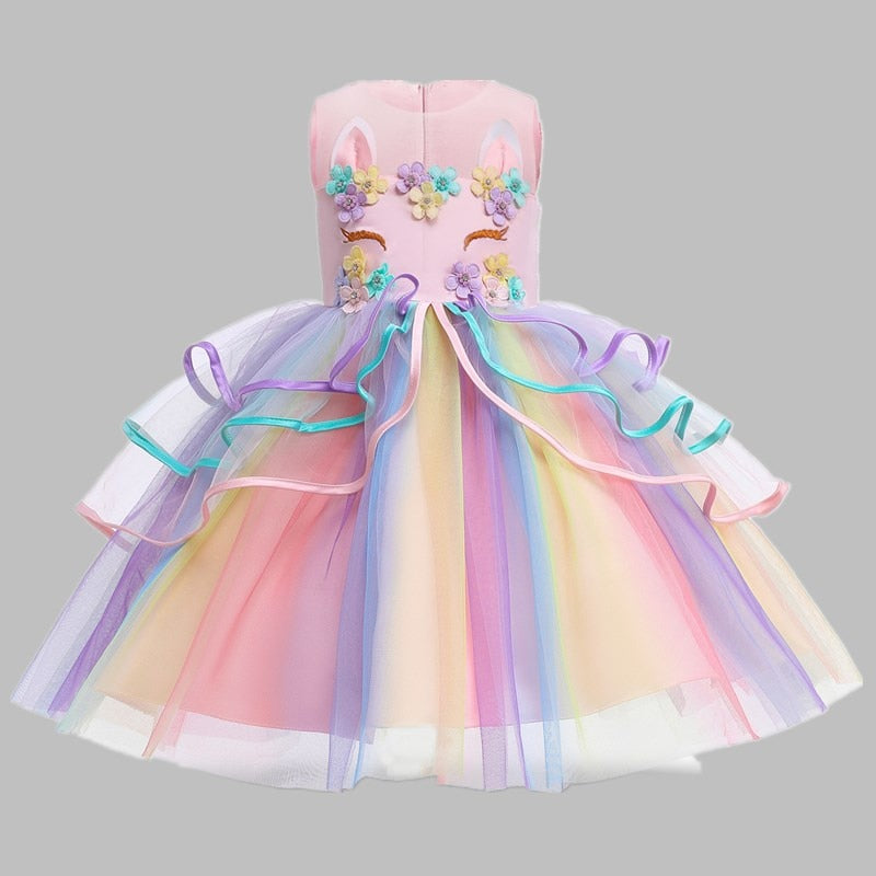 Girls Rainbow Unicorn Princess Dress Cake Layers Tutu Prom Gown For Kids Children Wedding Evening Formal Party Pageant Vestidos