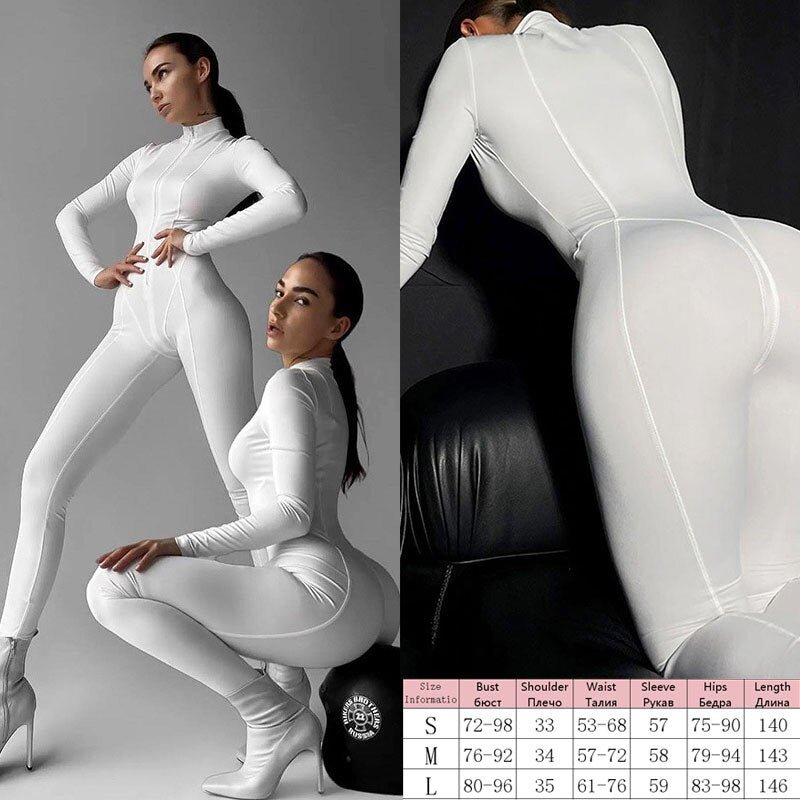 Knitted Zip Up Long Sleeve Women Jumpsuits Elegant Pure Color Bodycon Rompers Bright Line Patchwork Workout Loungewear Jumpsuit