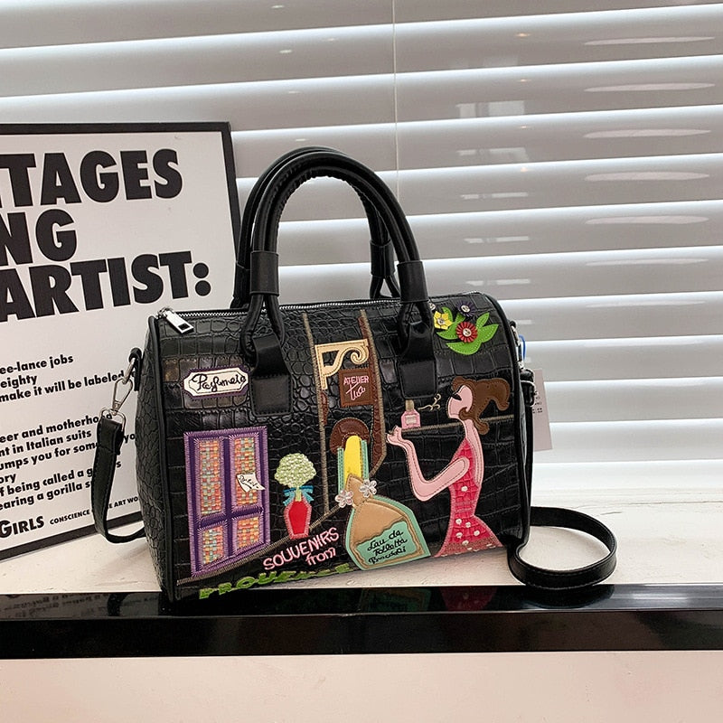 Crocodile Pattern Leather Crossbody Bags Luxury Designer Handbags Fashion Cartoon Embroidered Casual Totes