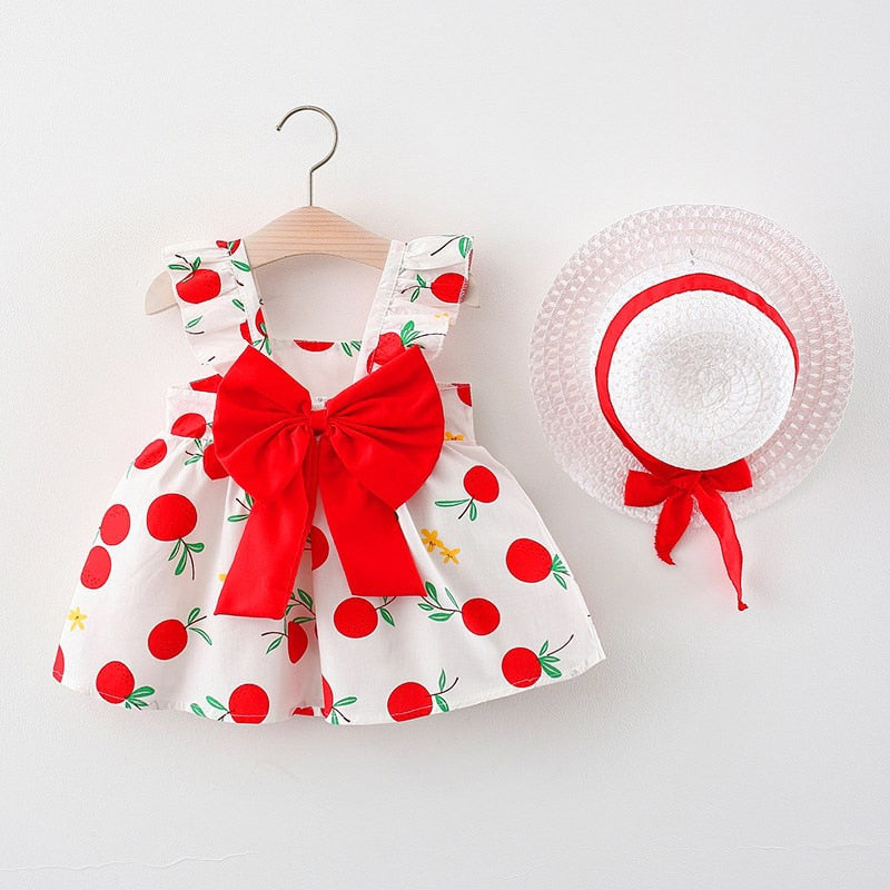 2pcs Summer Baby Girls Beach Princess Dress Cute Bow Flowers Sleeveless Cotton Toddler Dresses+Sunhat Newborn Clothing Set