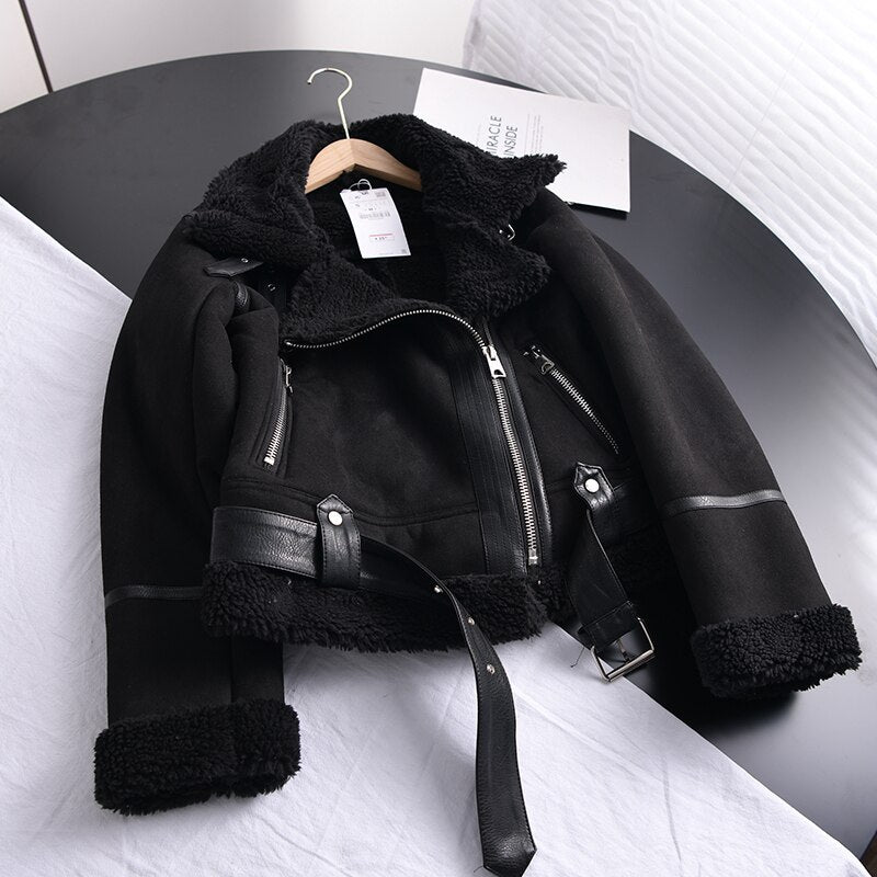 Winter Women Thick Warm Suede Lamb Jacket Short Motorcycle Brown Coats Faux Shearling Sheepskin Leather Jackets Outwear