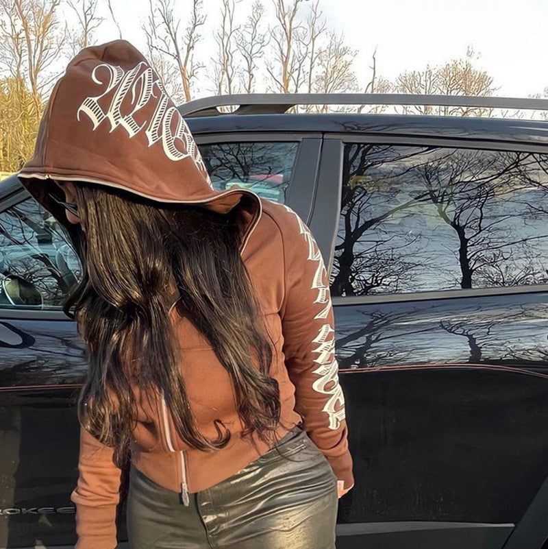 Women Zip Up Letter Printed Long Sleeve Gothic Punk Y2k Hoodie