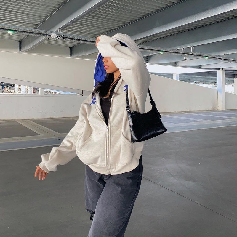 Harajuku Oversized Sweatshirt Streetwear Letter Print Zip Up Hoodie Clothing