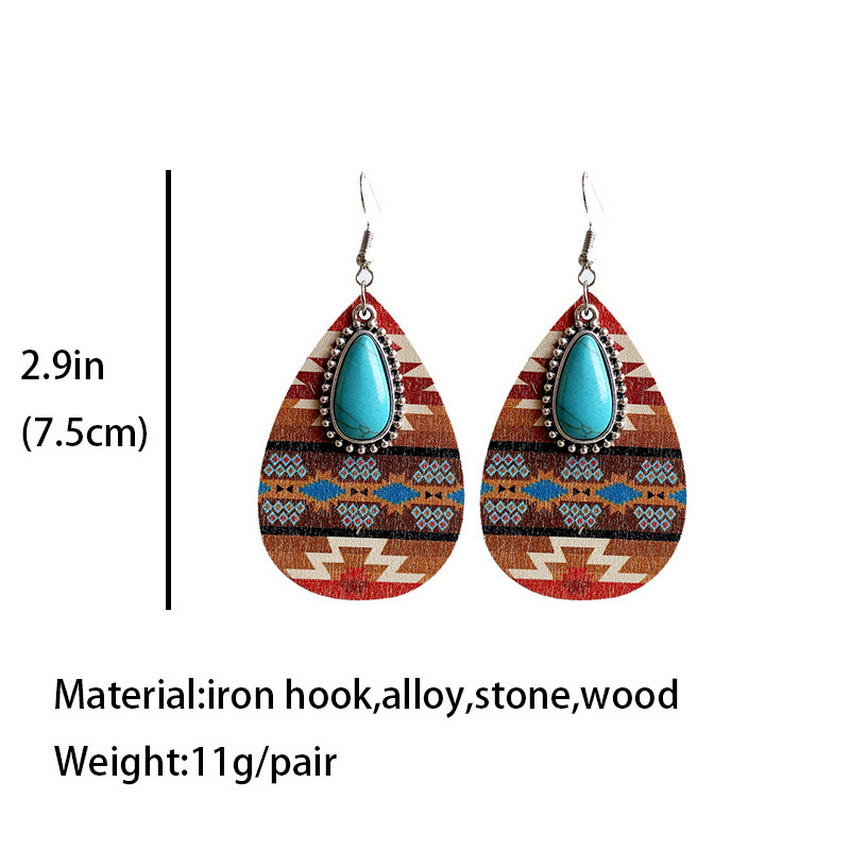 Aztec Pattern Wood Turquoise Teardrop Earrings for Women 2022 New Western Inspired Earrings Boho Jewelry Wholesale