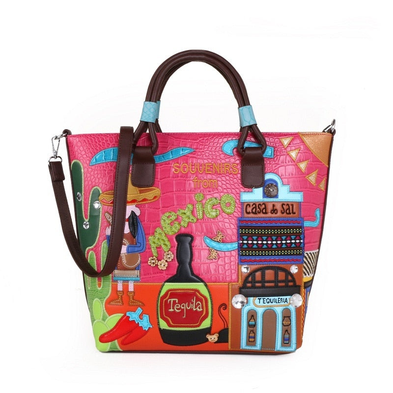 Retro Crocodile Print Hand-held Cross Bag With Mexican Creative Embroidery Large Bag