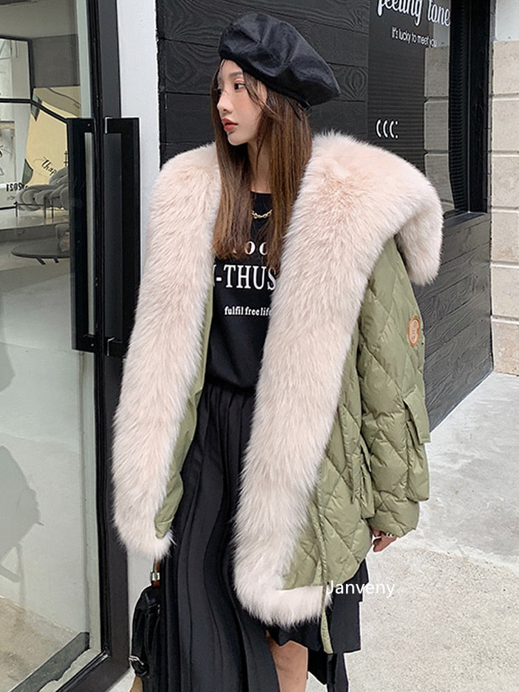 Janveny Big Luxury Real Fox Fur Collar 2022 Women Winter Down Jacket 90% Duck Down Coat Puffer Feather Female Parka Snow Outwear