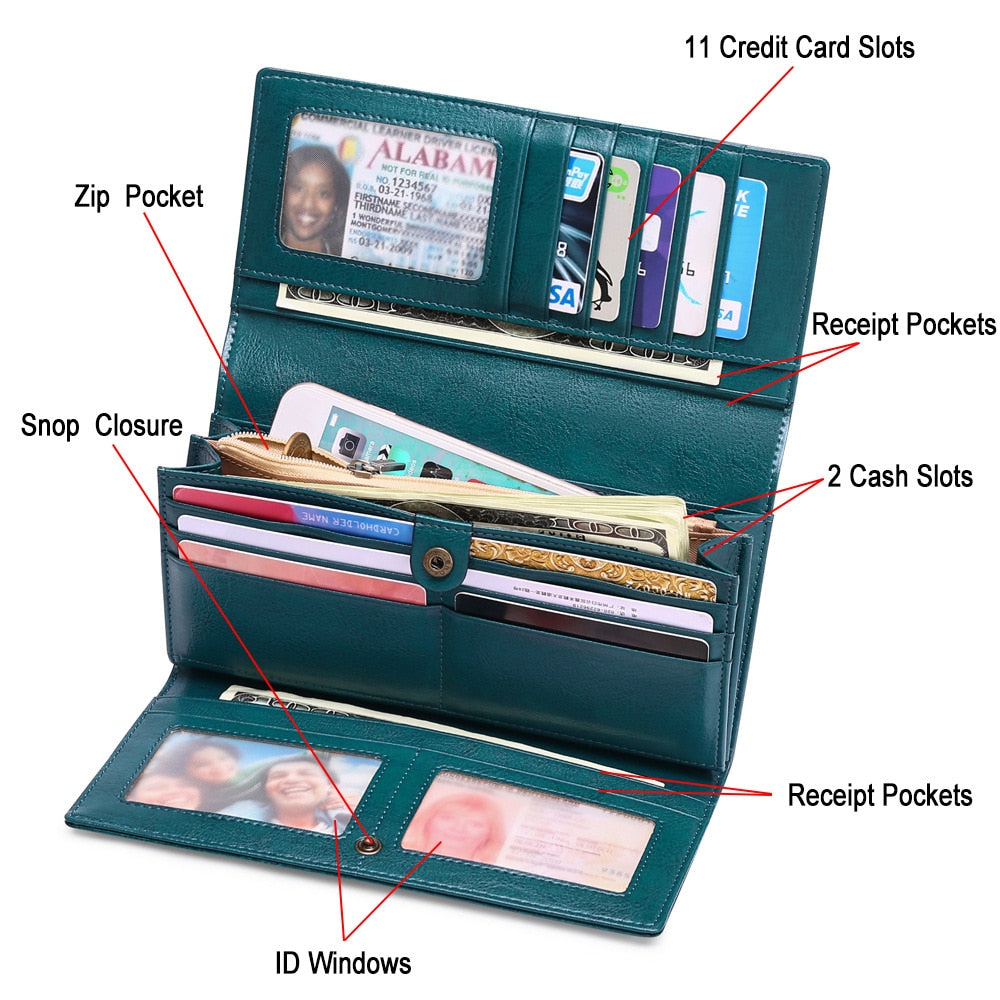 Long Purse Waxed Cowhide Purse Large Capacity Women&#39;s Clutch Luxury Designer Bags