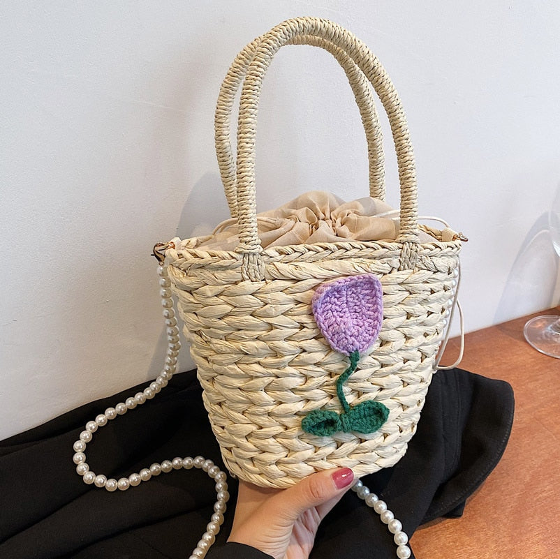 Handmade Woven Straw Bucket Bag Women Designer Handbags Bohemian Rattan Beach Bags Ins Chic Crossbody Shoulder Bag Shopper Tote