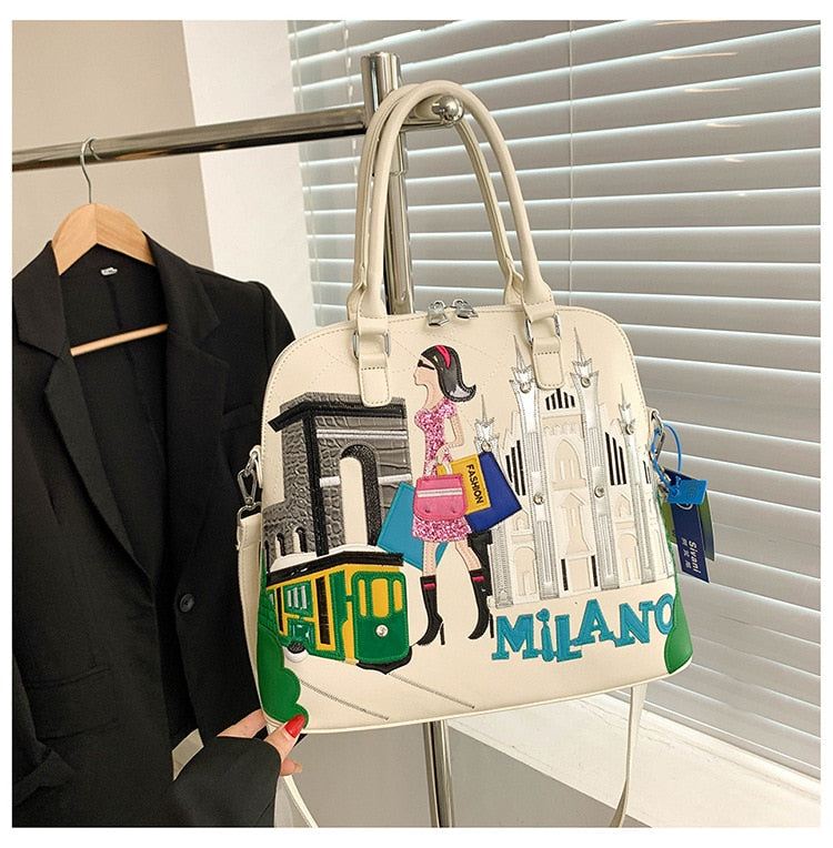 Cartoon Embroidery Backpack Women Shell Purses and Handbags Fashion Designer Ladies Shoulder Bags High Quality Female Totes