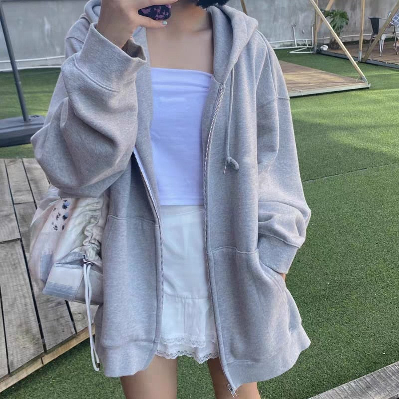 Oversize Women Hoodies Casual Solid Zip Up Hooded Sweatshirt