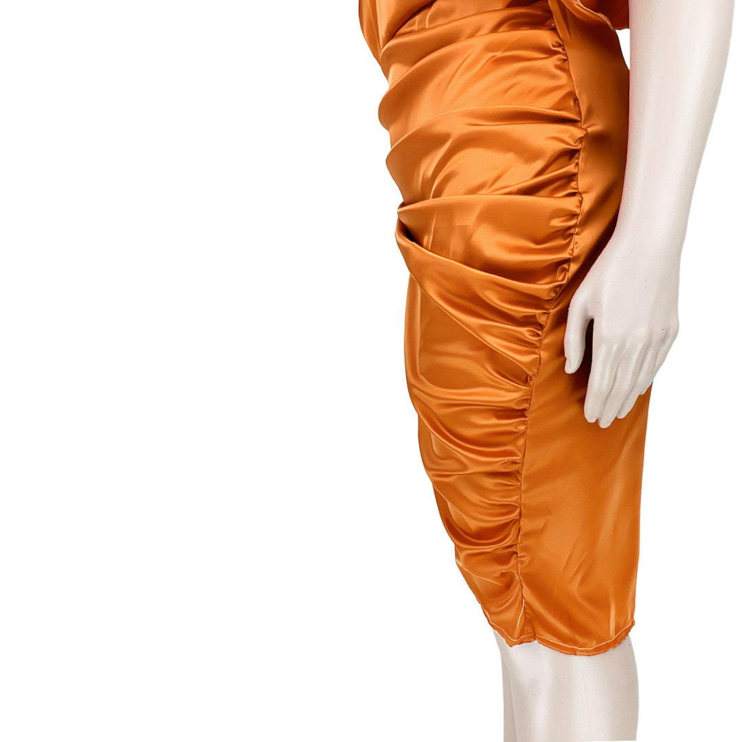 Adogirl Satin Pleated Irregular Knee-length Dress One Shoulder Elegant Zipper Robes