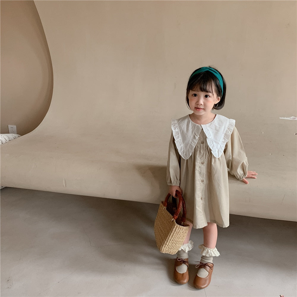 Baby Girls Dress Casual Plaid Clothes Summer  New Korean Cotton Linen Girls Princess Dress Big Turn Down Collar Dress