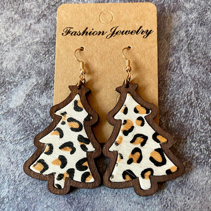 Xmas Tree Wood Bezel Cheetah Print Genuine Leather Christmas Earrings for Women Red Green Glitter Leather Christmas Tree Earring