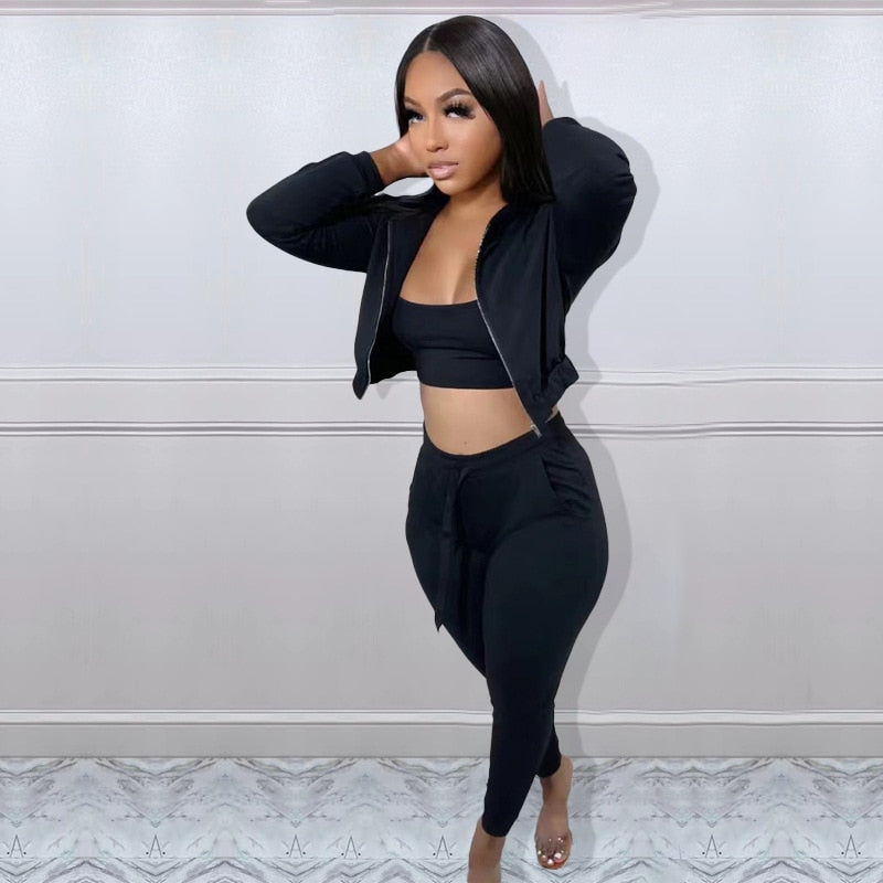 3 Pieces Set Women Casual Hoodies Sweatshirt Sexy Crop Tops and High Waist Pants Long Sleeve