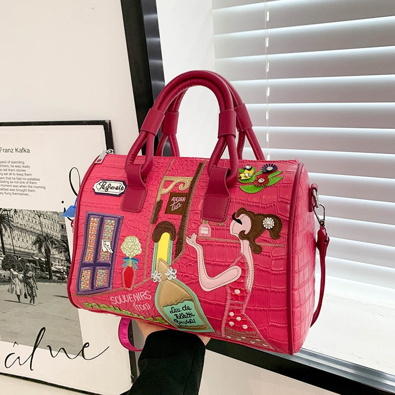 Crocodile Pattern Leather Crossbody Bags Luxury Designer Handbags Fashion Cartoon Embroidered Casual Totes