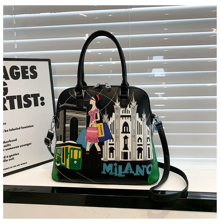 Cartoon Embroidery Backpack Women Shell Purses and Handbags Fashion Designer Ladies Shoulder Bags High Quality Female Totes