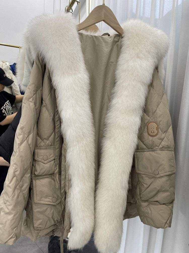 Janveny Big Luxury Real Fox Fur Collar 2022 Women Winter Down Jacket 90% Duck Down Coat Puffer Feather Female Parka Snow Outwear