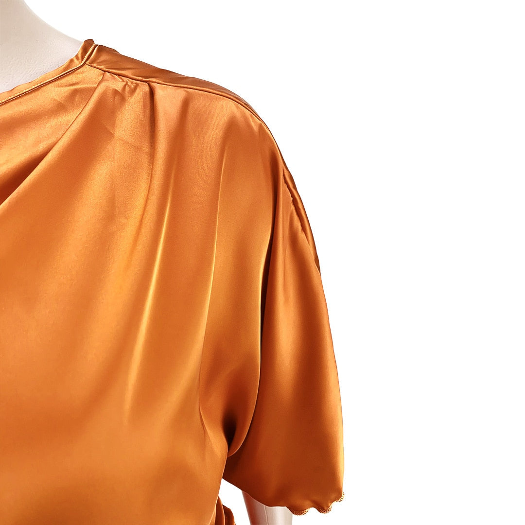 Adogirl Satin Pleated Irregular Knee-length Dress One Shoulder Elegant Zipper Robes