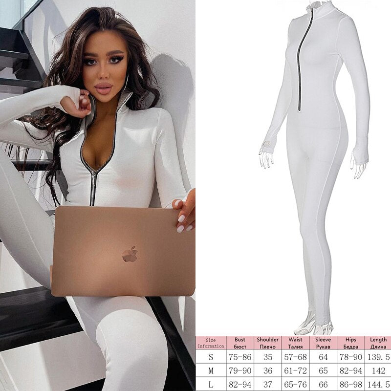 Knitted Zip Up Long Sleeve Women Jumpsuits Elegant Pure Color Bodycon Rompers Bright Line Patchwork Workout Loungewear Jumpsuit
