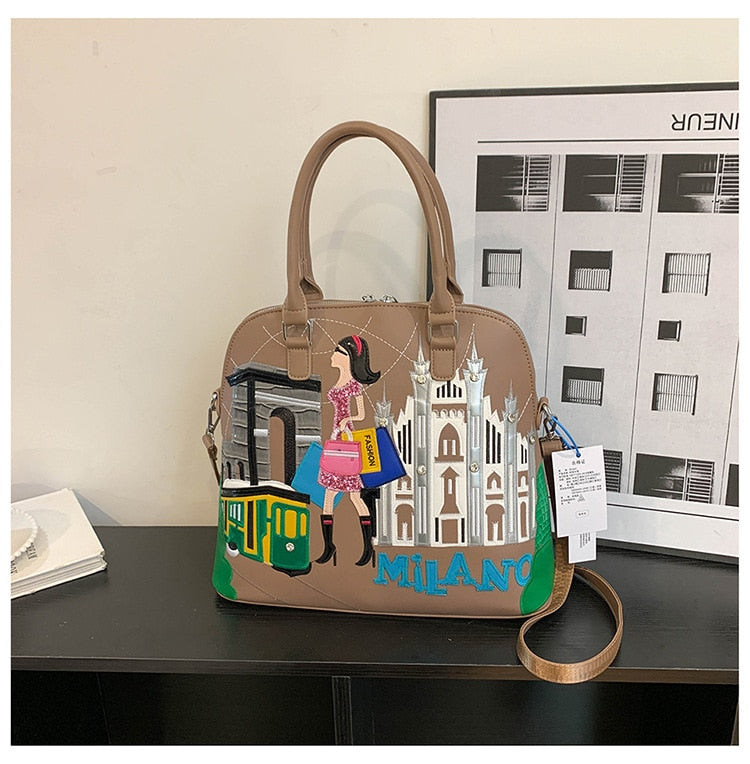 Cartoon Embroidery Backpack Women Shell Purses and Handbags Fashion Designer Ladies Shoulder Bags High Quality Female Totes