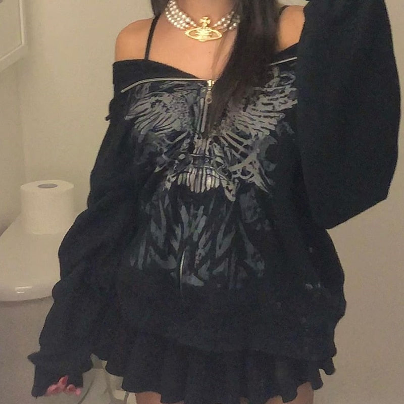 Y2k Hoodie Zip up Oversized Top Gothic Clothe Vintage Punk Blouse Grunge