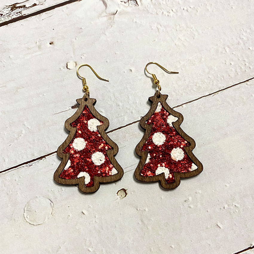 Xmas Tree Wood Bezel Cheetah Print Genuine Leather Christmas Earrings for Women Red Green Glitter Leather Christmas Tree Earring