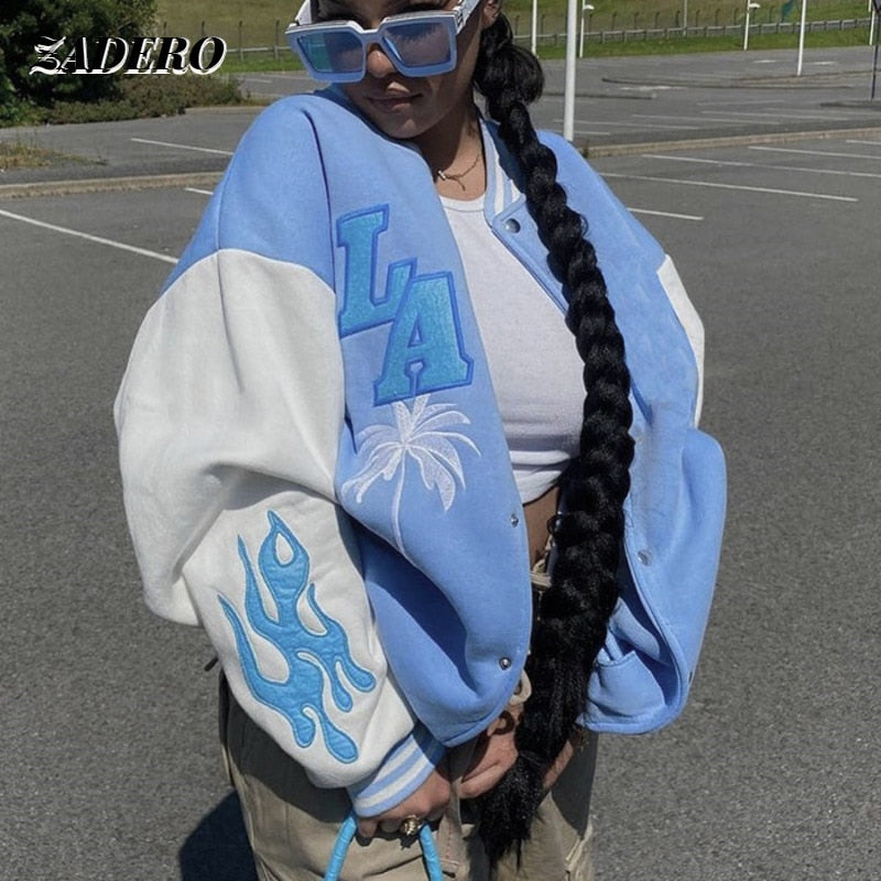 Varsity Jackets Fashion Oversized Long Sleeve Bomber Loose Black Baseball Vintage Y2K Coat