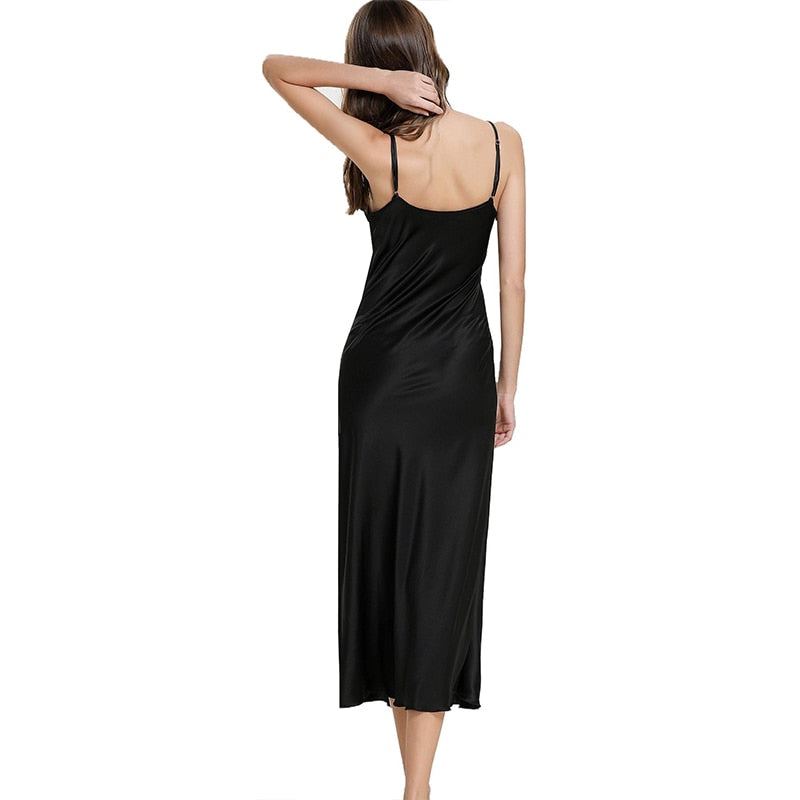Satin Nightgown Long Slip Sleep Dress Silk V Neck Sleepwear Solid Color Nightwear