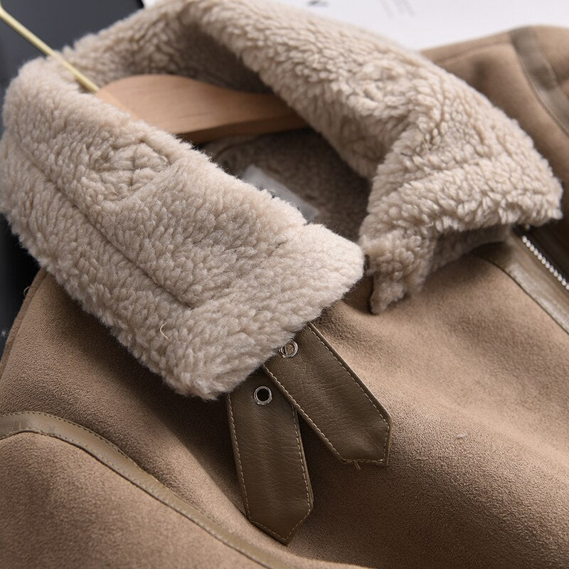 Winter Women Thick Warm Suede Lamb Jacket Short Motorcycle Brown Coats Faux Shearling Sheepskin Leather Jackets Outwear
