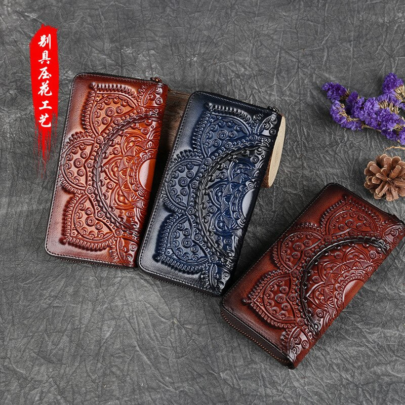 Long Bags Women Clutch Leather Embossed Zippered Purse Vintage Ethnic Style Purse