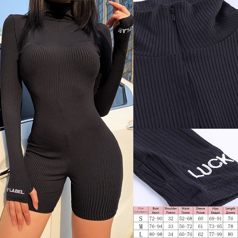 Knitted Zip Up Long Sleeve Women Jumpsuits Elegant Pure Color Bodycon Rompers Bright Line Patchwork Workout Loungewear Jumpsuit