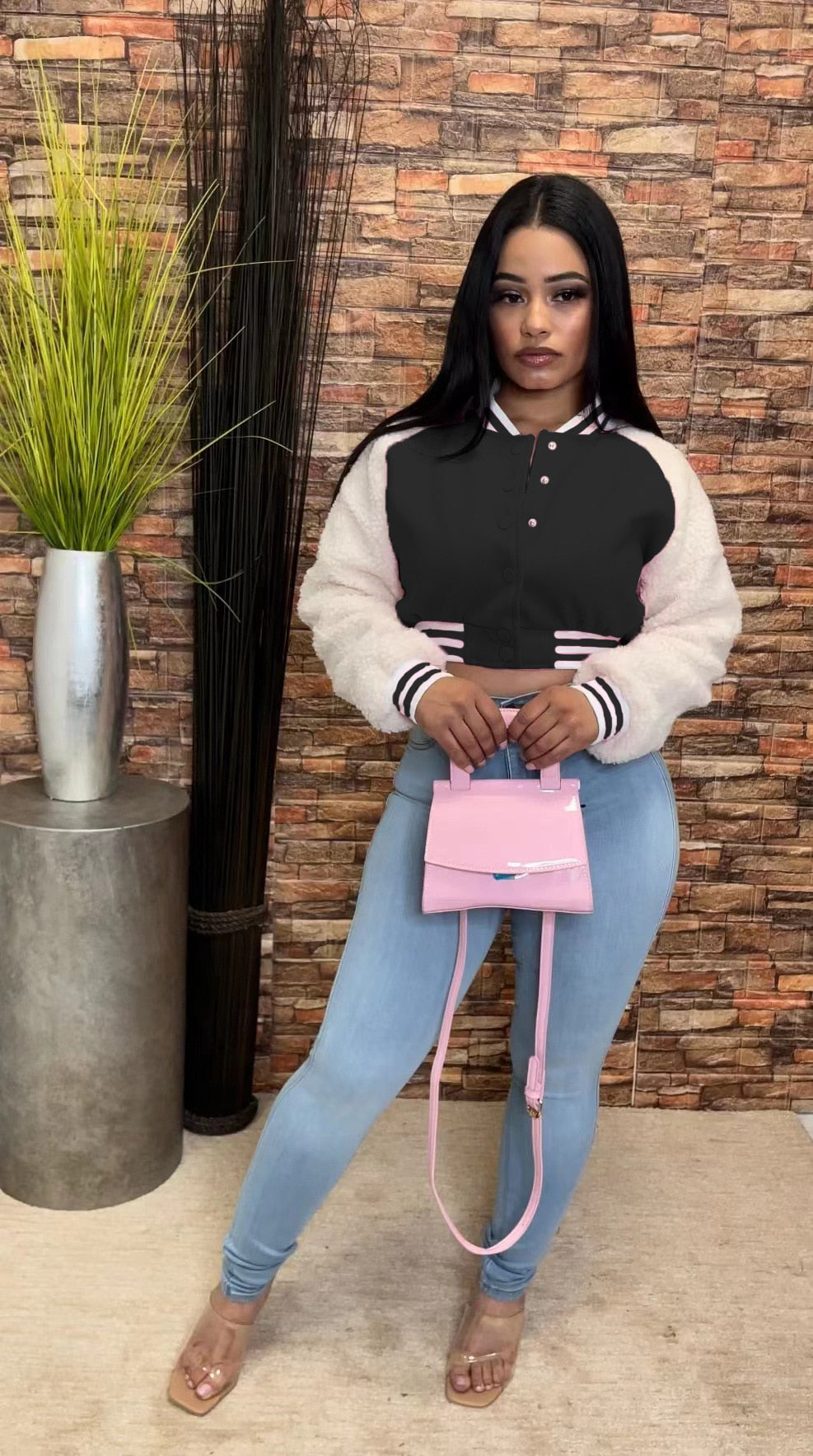 Vintage Women Fleece Long Sleeve Single Breasted Patchwork Sweatshirt Baseball Jacket Outwear