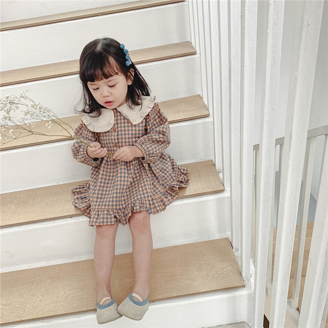 Baby Girls Dress Casual Plaid Clothes Summer  New Korean Cotton Linen Girls Princess Dress Big Turn Down Collar Dress