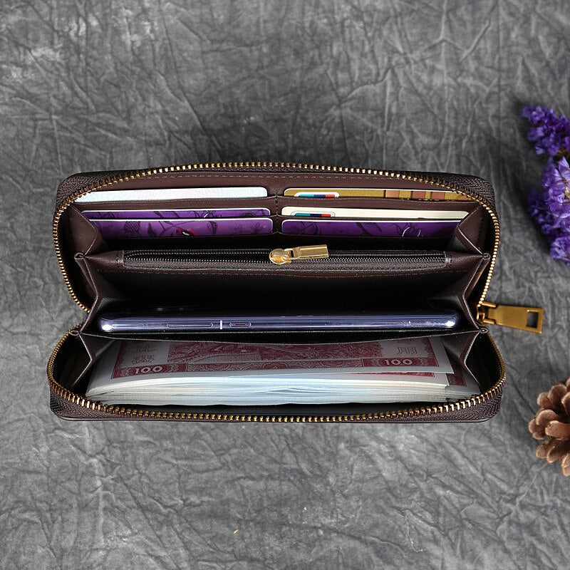 Long Bags Women Clutch Leather Embossed Zippered Purse Vintage Ethnic Style Purse