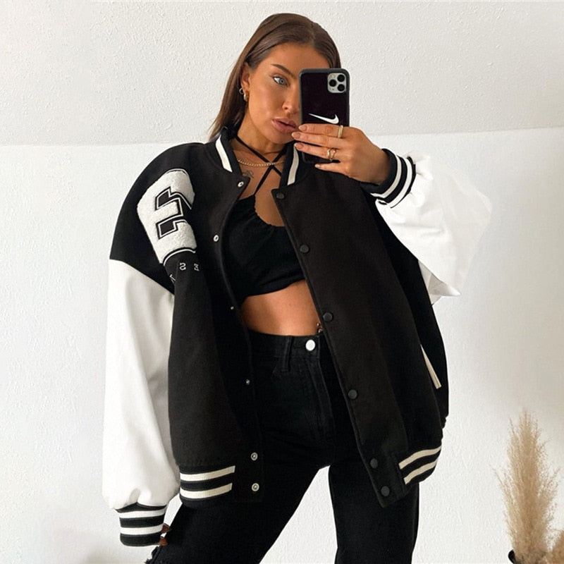 Varsity Jackets Fashion Oversized Long Sleeve Bomber Loose Black Baseball Vintage Y2K Coat