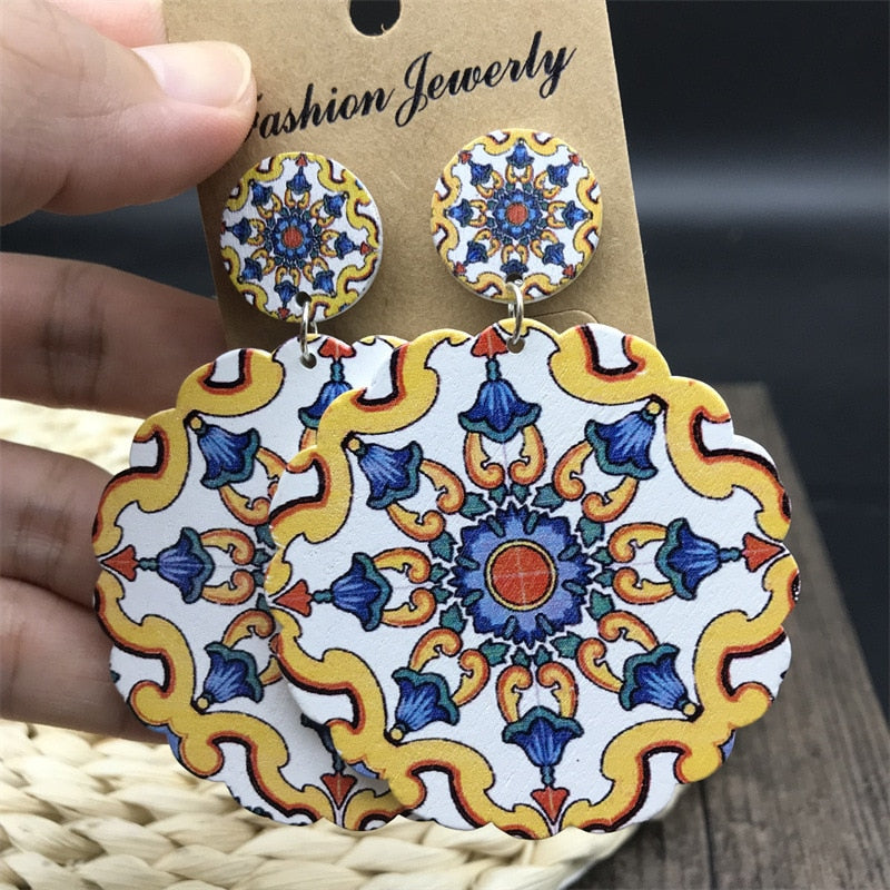 Bohemian Ethnic Church Ceramic Pattern Statement Earrings Vintage Wooden Big Round Water Drop Earrings For Women Jewelry Gift