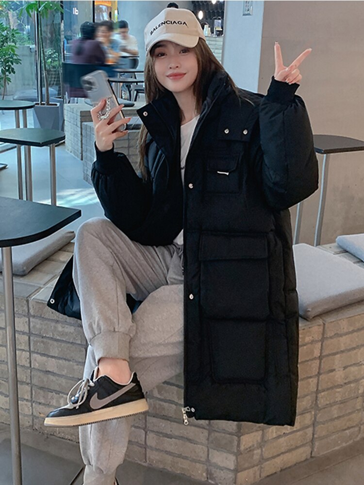 2022 Winter Mid-Long Parkas Jackets Women Solid Casual Thick Warm Hooded Coat Female Korean Cotton Padded Loose Puffer Coats