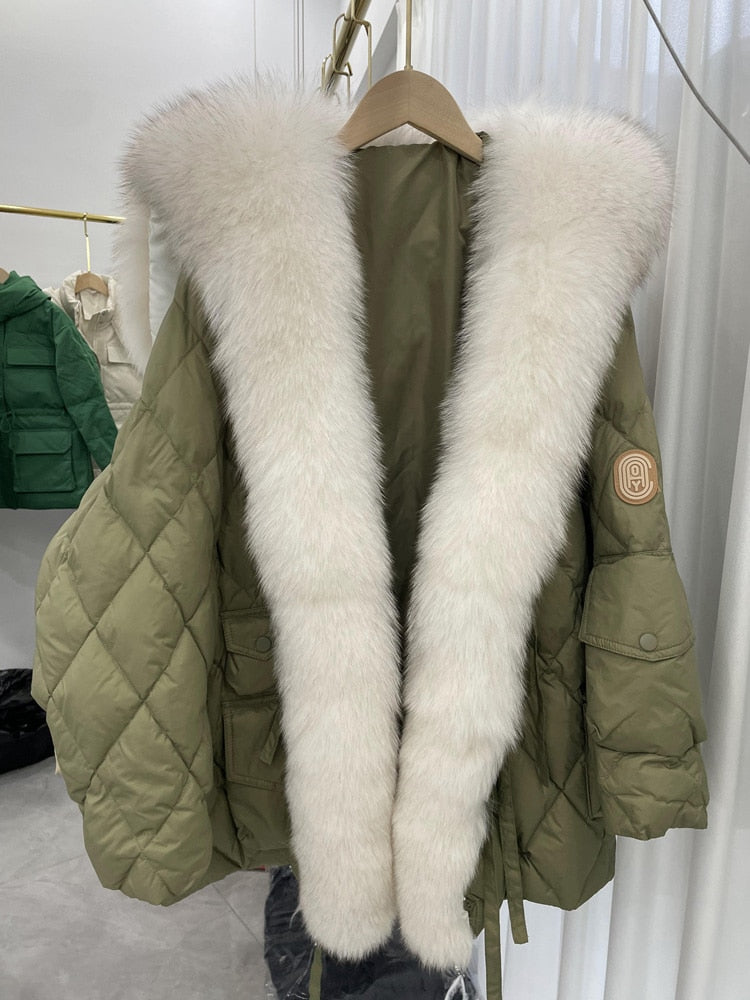Janveny Big Luxury Real Fox Fur Collar 2022 Women Winter Down Jacket 90% Duck Down Coat Puffer Feather Female Parka Snow Outwear