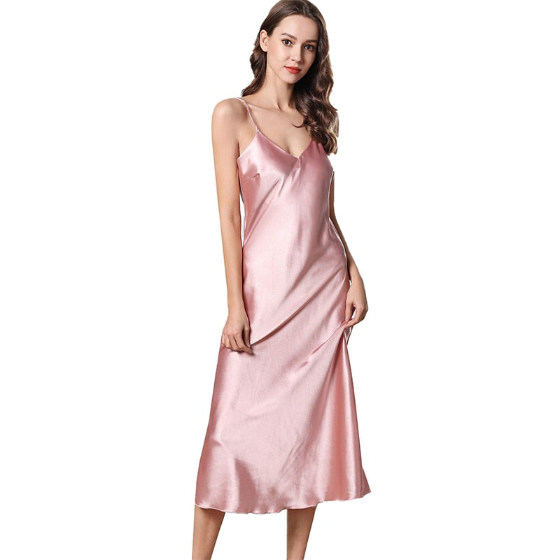 Satin Nightgown Long Slip Sleep Dress Silk V Neck Sleepwear Solid Color Nightwear