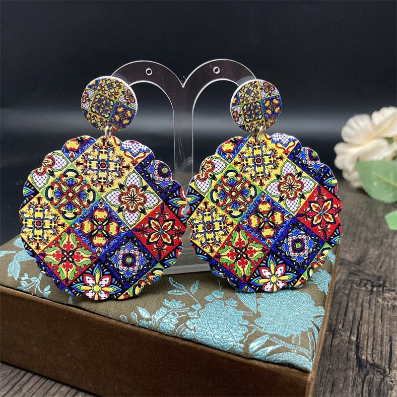 Bohemian Ethnic Church Ceramic Pattern Statement Earrings Vintage Wooden Big Round Water Drop Earrings For Women Jewelry Gift