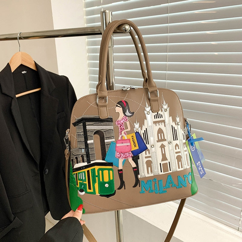 Cartoon Embroidery Backpack Women Shell Purses and Handbags Fashion Designer Ladies Shoulder Bags High Quality Female Totes