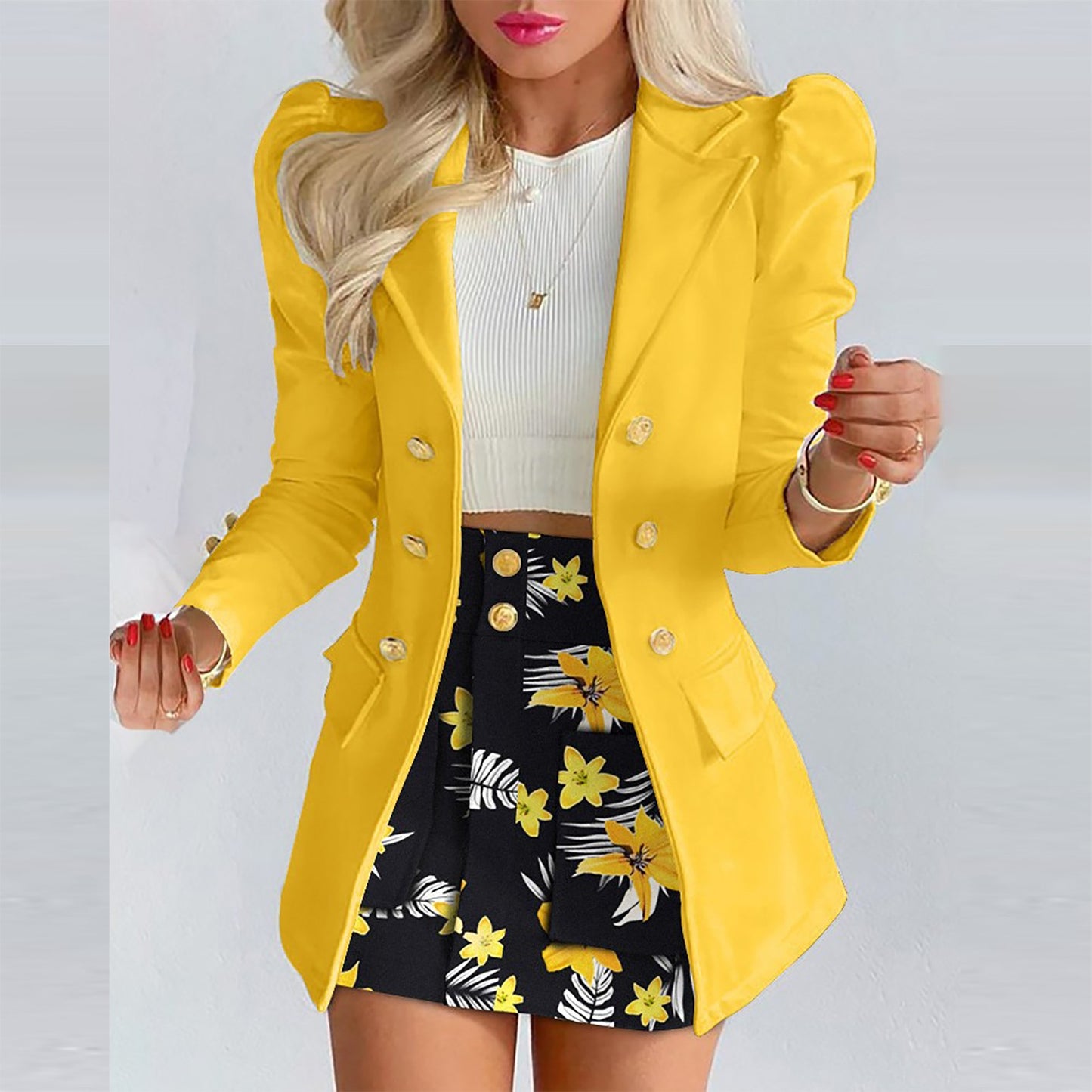 Elegant Knit Plaid Blazer Cardigan + Two Piece Set Vintage Metal Button Lady Suits